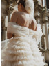 Off Shoulder Champagne Tulle Ruffled Luxurious Wedding Dress